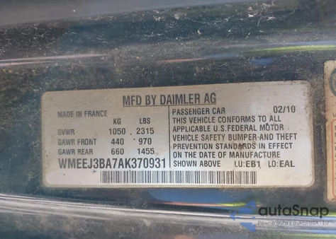 2010 Smart Fortwo Passion/Pure из США, поврежденный, VIN WMEEJ3BA7AK370931